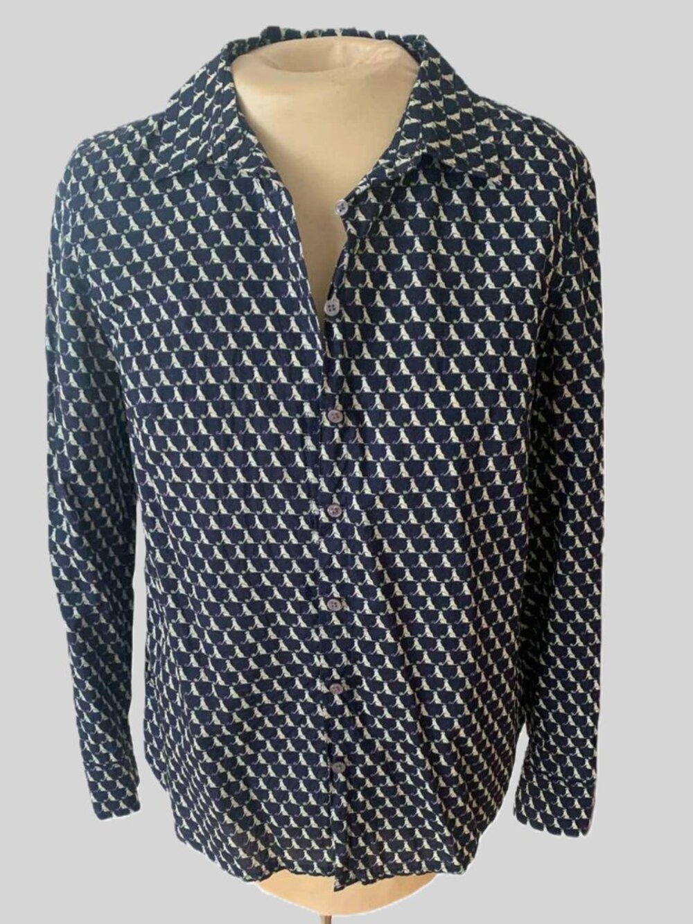 ​Talbots 100% Cotton Navy Dog Print Button Down Shirt Petite 10 Long Sleeve